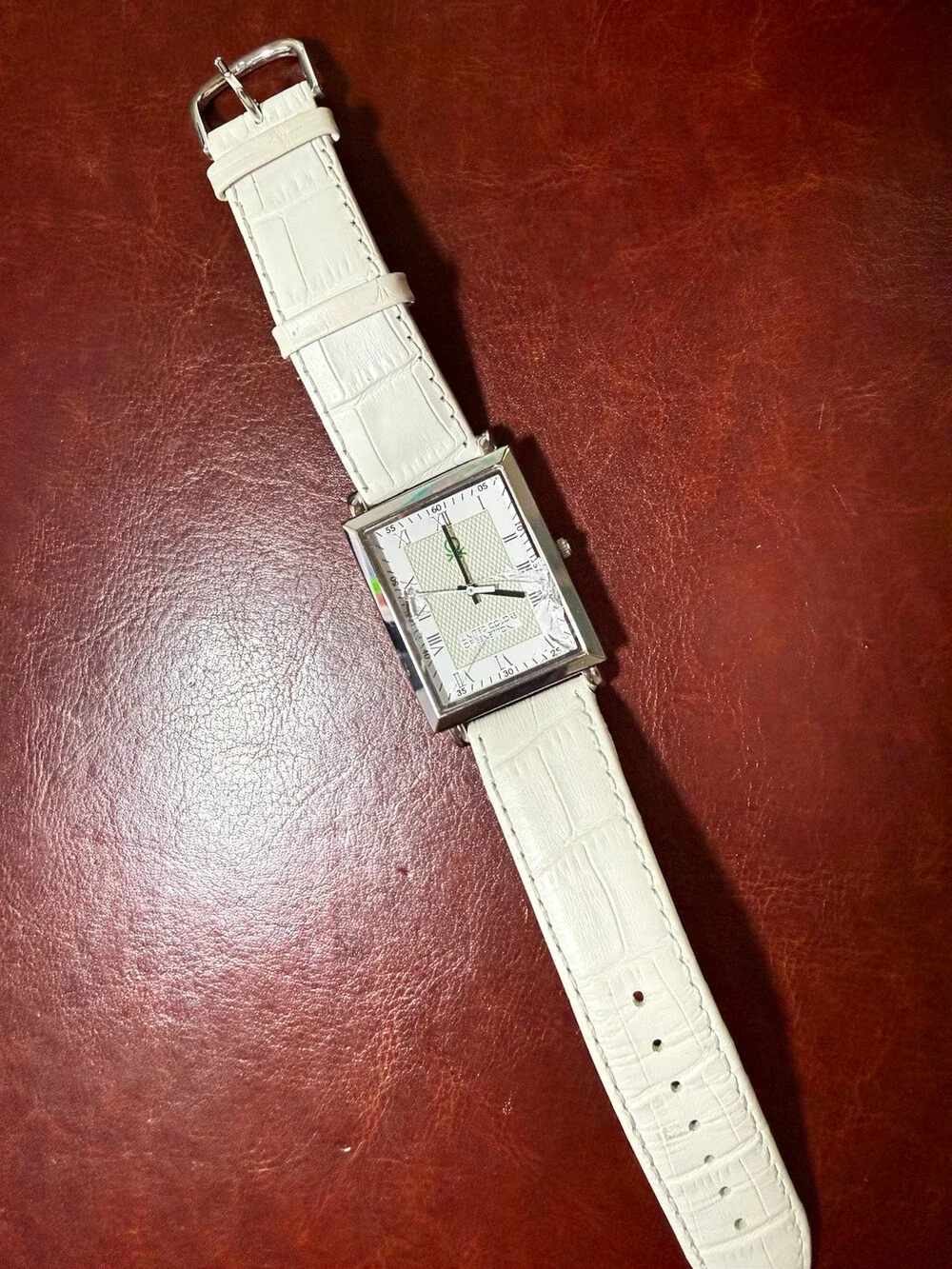United Colors of Benetton Rectangular Quartz Watch White Leather Band Y2K